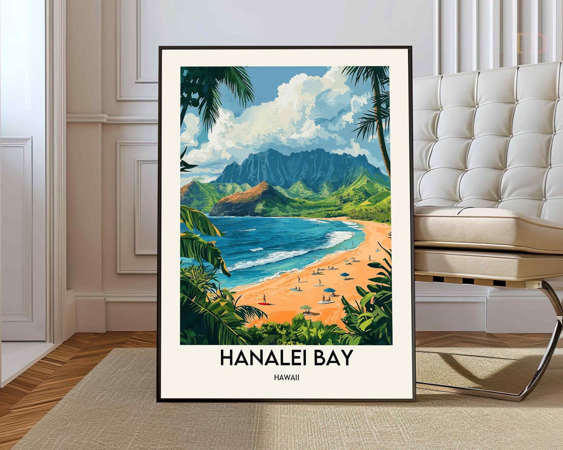 Hanalei Bay Hawaii Beach Palm Mountains Surf Coast Travel Poster