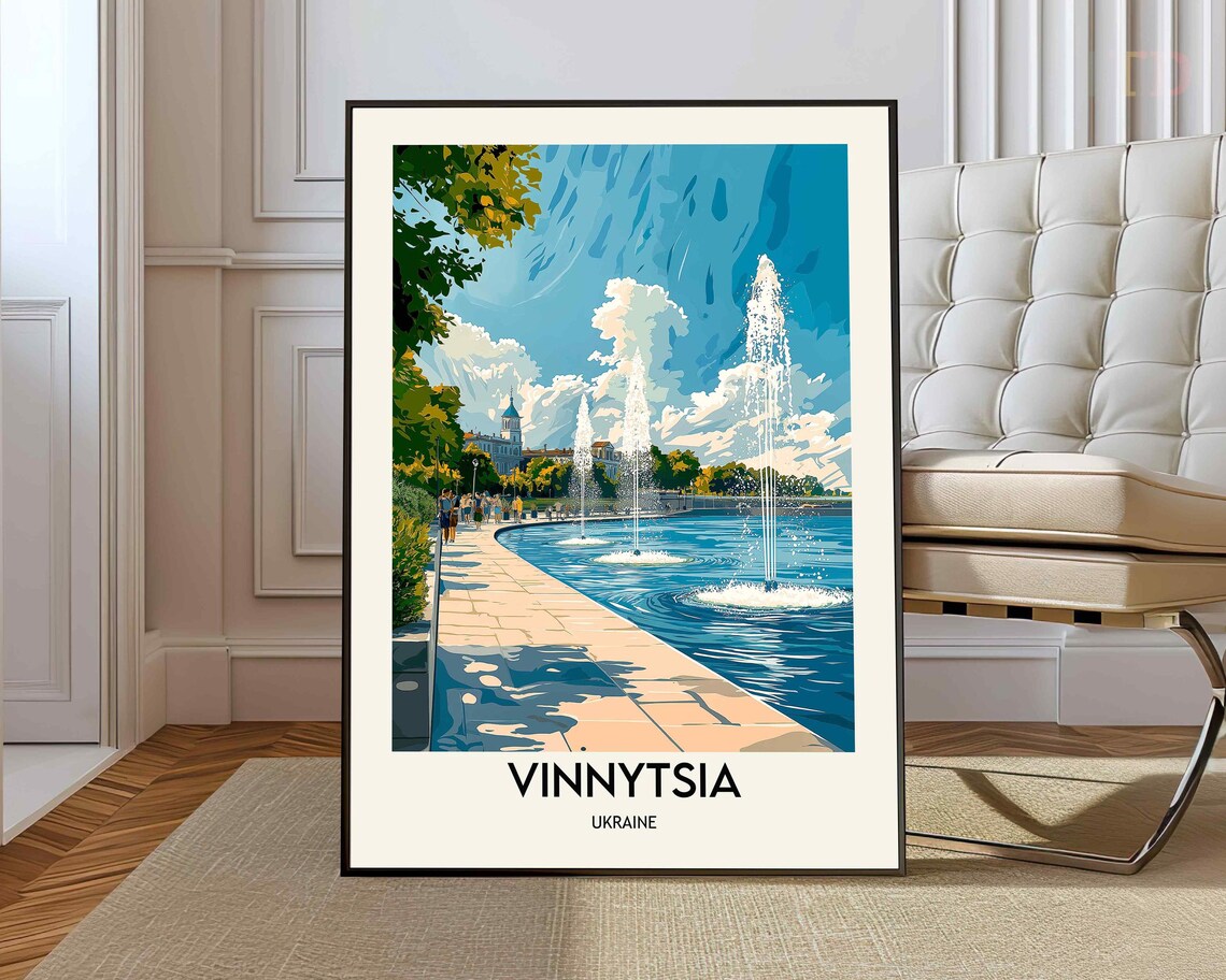 Vinnytsia Ukraine Riverside Fountain Promenade Retro Travel Poster