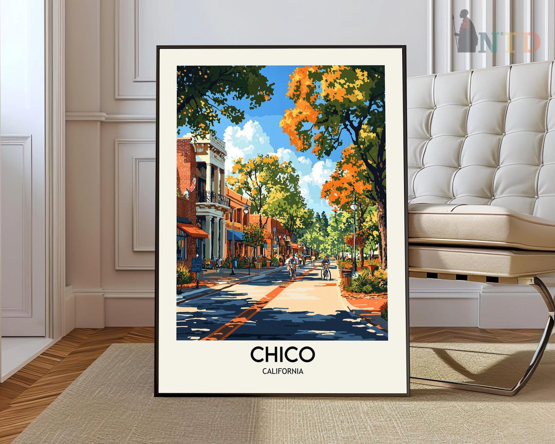 Chico California Tree Lined Downtown Street Cyclists Shops Poster