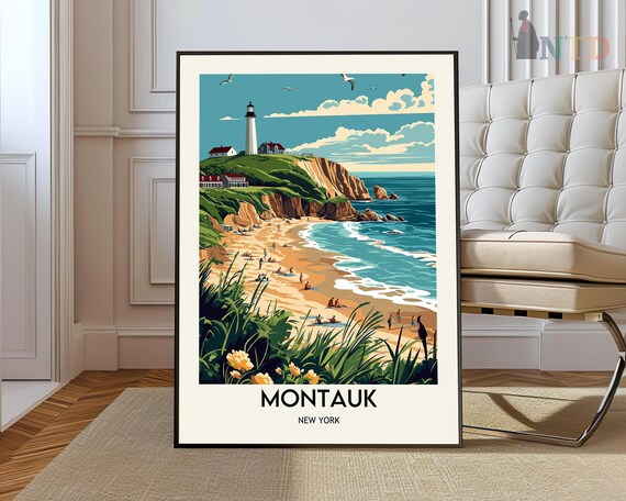 Montauk New York Beach Cliffs Seagulls Vintage Travel Poster