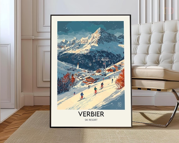 Verbier Ski Resort Village Slopes Winter Vintage Travel Poster