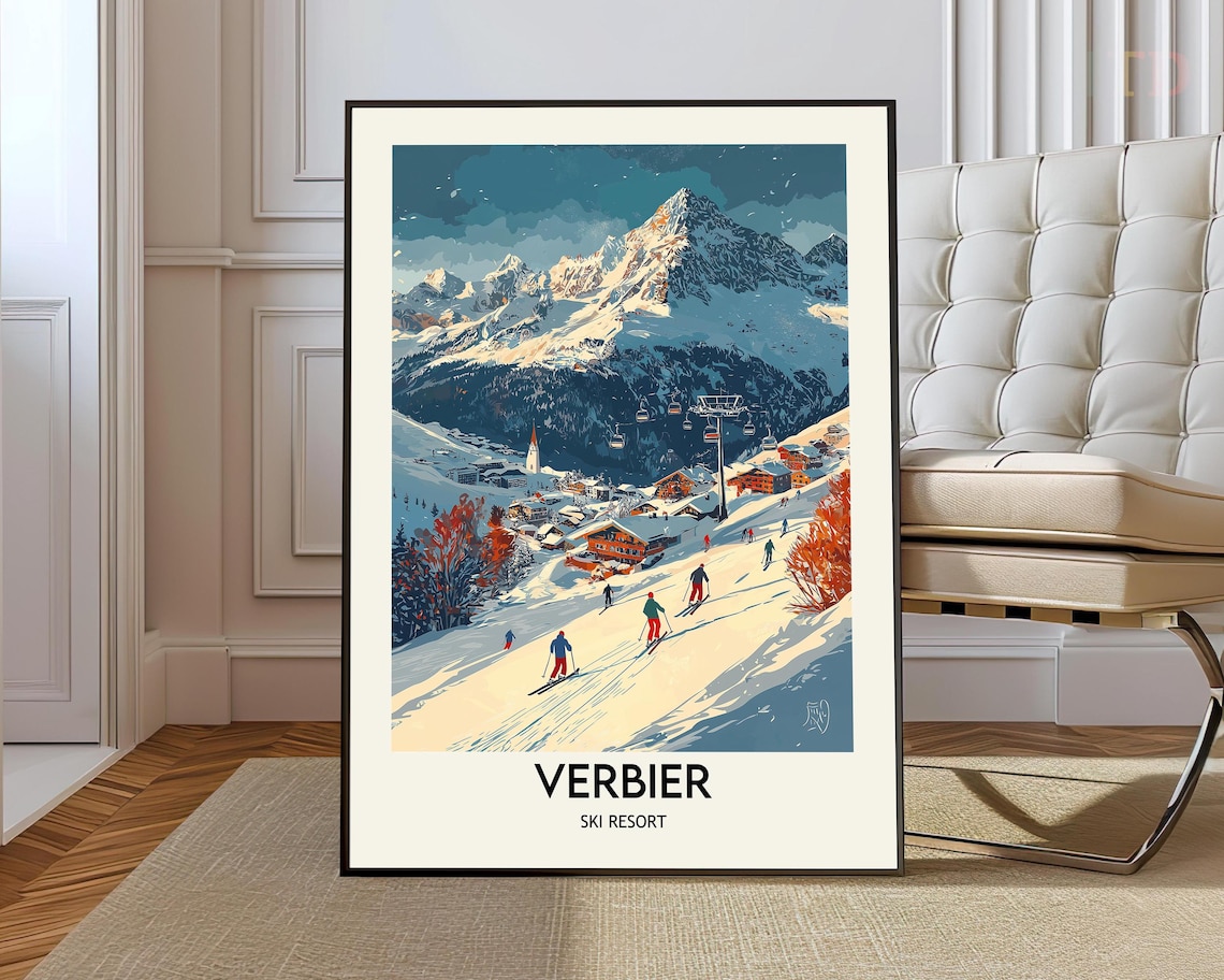 Verbier Ski Resort Village Slopes Winter Vintage Travel Poster
