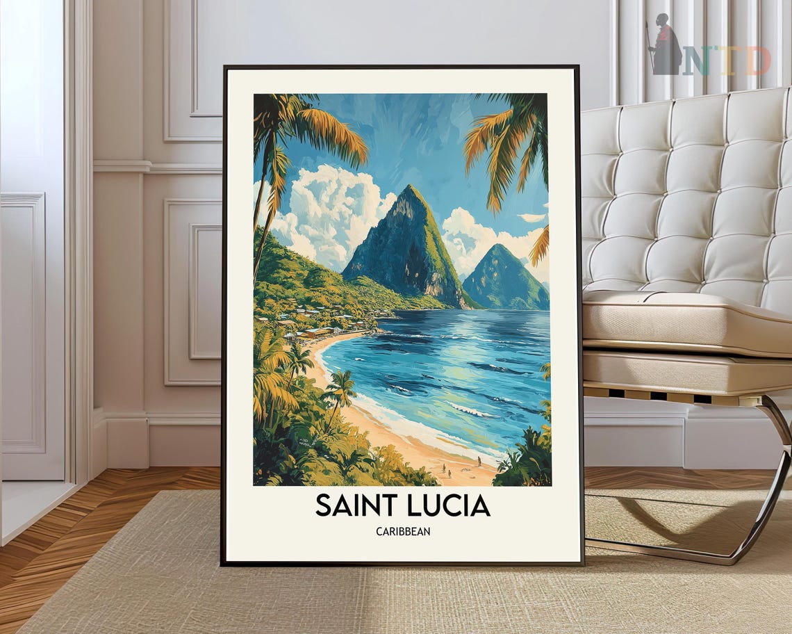 Saint Lucia Caribbean Pitons Framed by Palms Beach Travel Poster