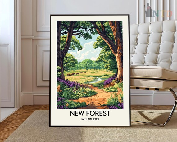 New Forest National Park Ancient Oaks Ponies Stream England Travel Poster