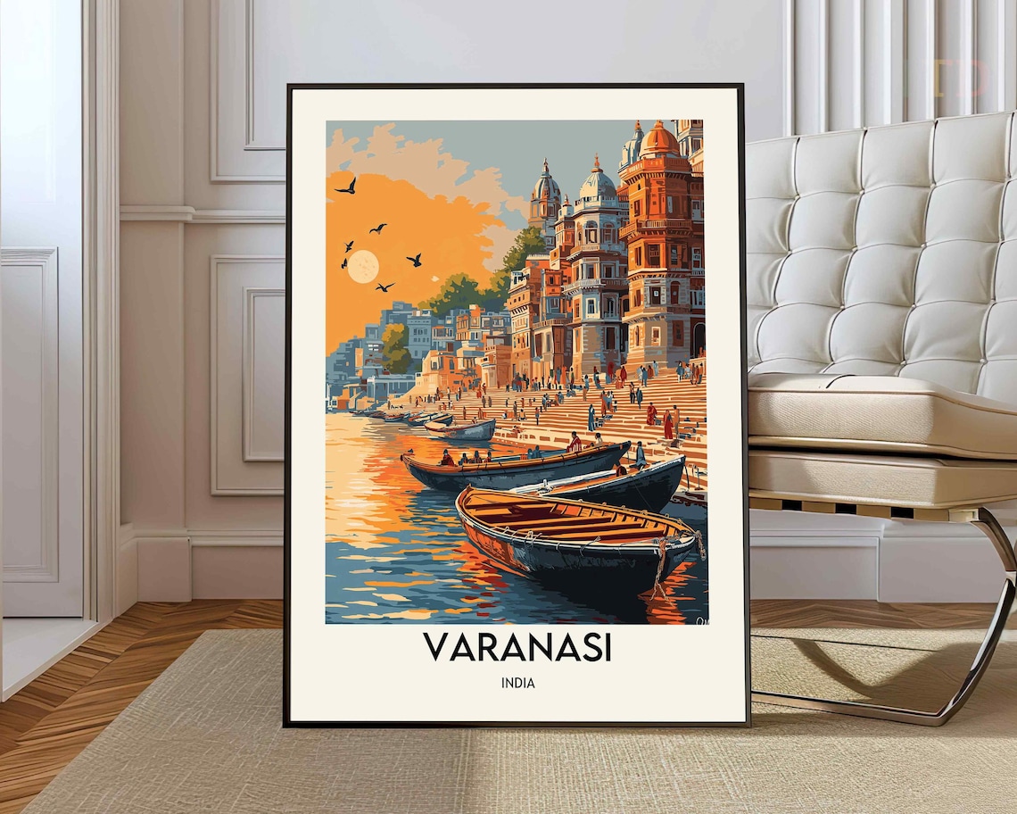 Varanasi India Ganges Ghats Boats Sunset Vintage Travel Poster