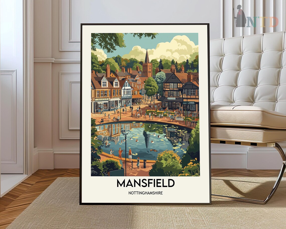 Mansfield Nottinghamshire Vintage Style Town Center Travel Poster