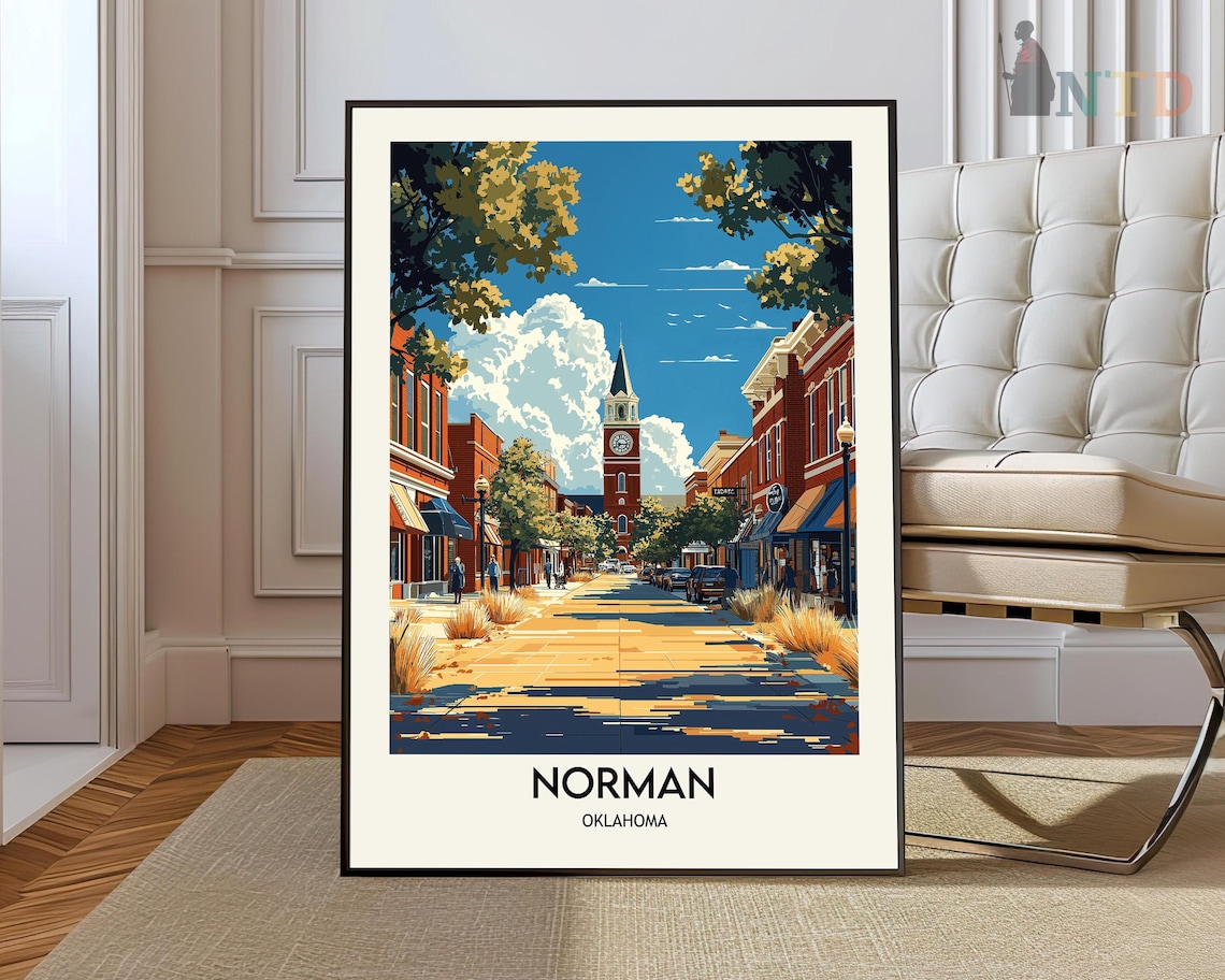 Norman Oklahoma Downtown Street Clock Tower City Travel Poster