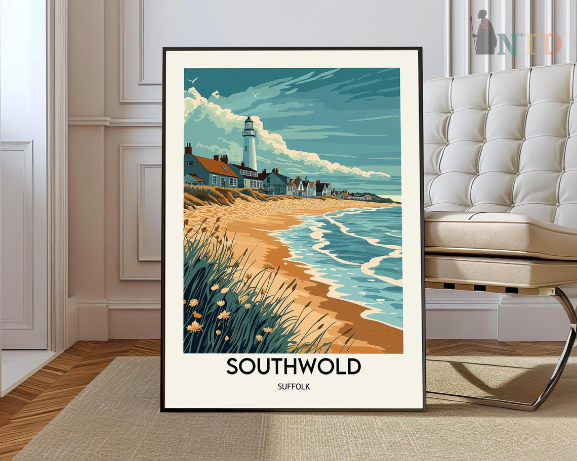 Southwold Suffolk Lighthouse Beach Dunes Vintage Travel Poster