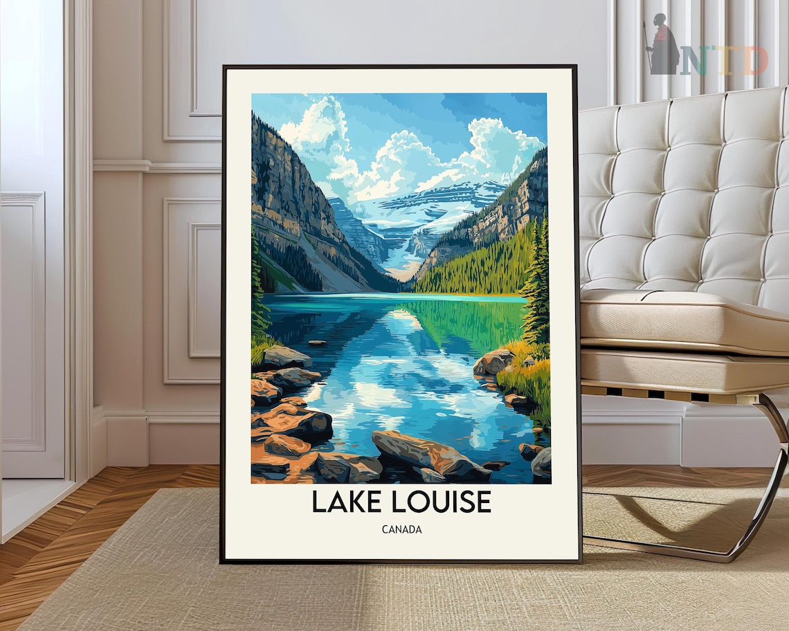 Lake Louise Canada Rocky Shore Emerald Glacier Water Travel Poster
