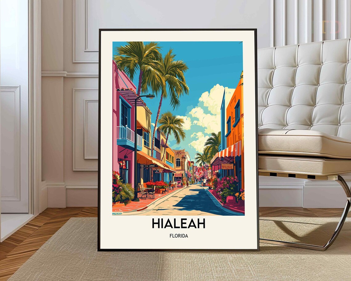 Hialeah Florida Colorful Palm Lined Street Storefronts Poster