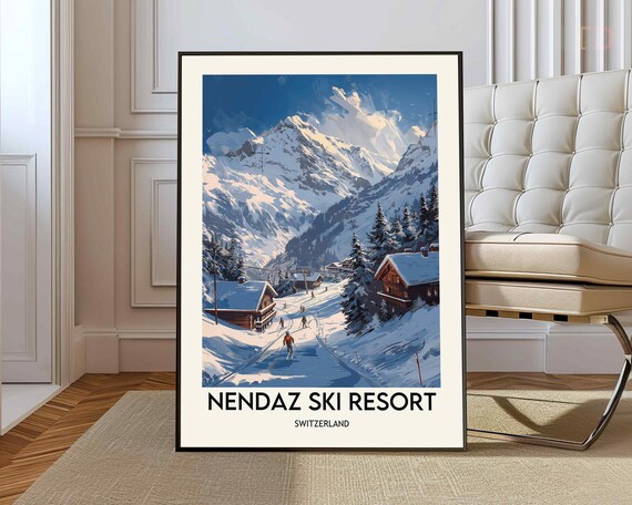 Nendaz Ski Resort Switzerland Snowy Alpine Village Travel Poster