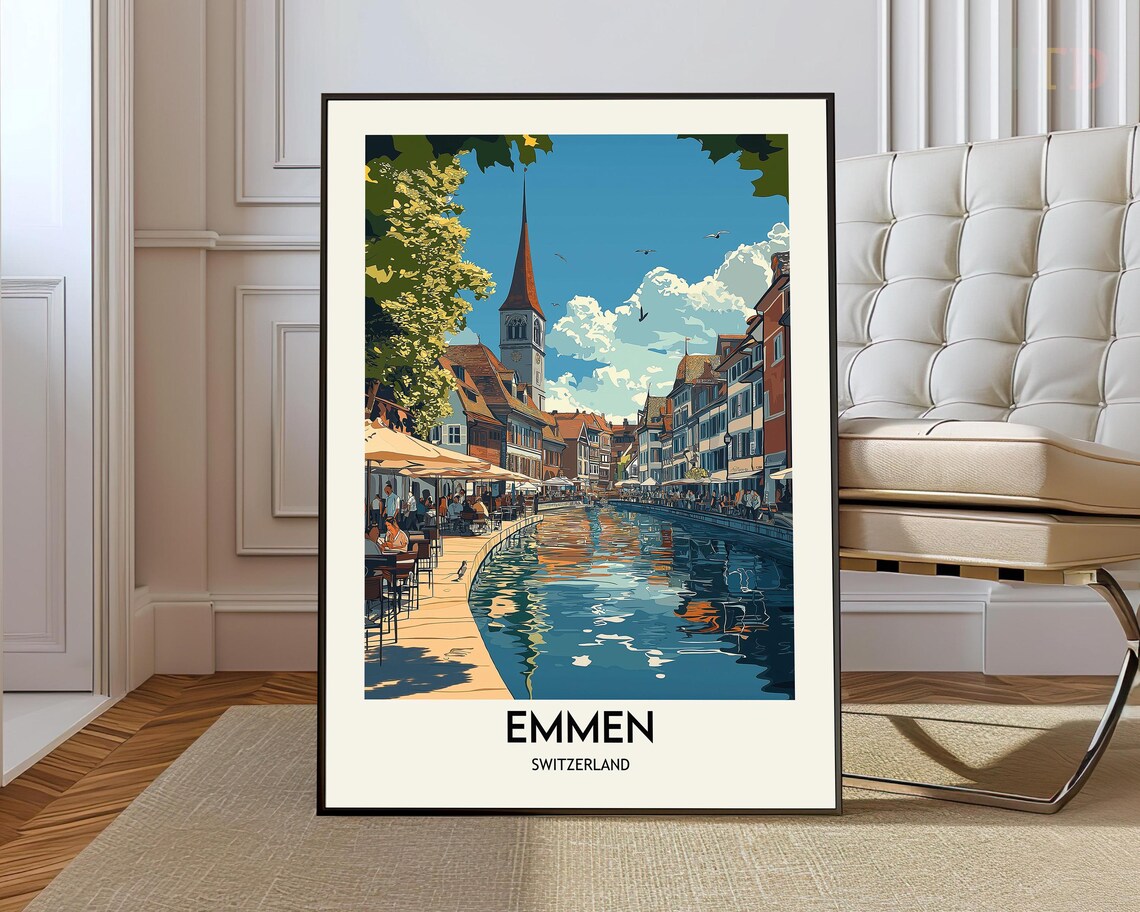 Emmen Switzerland Canal Travel Poster With Old Town And Church Spire