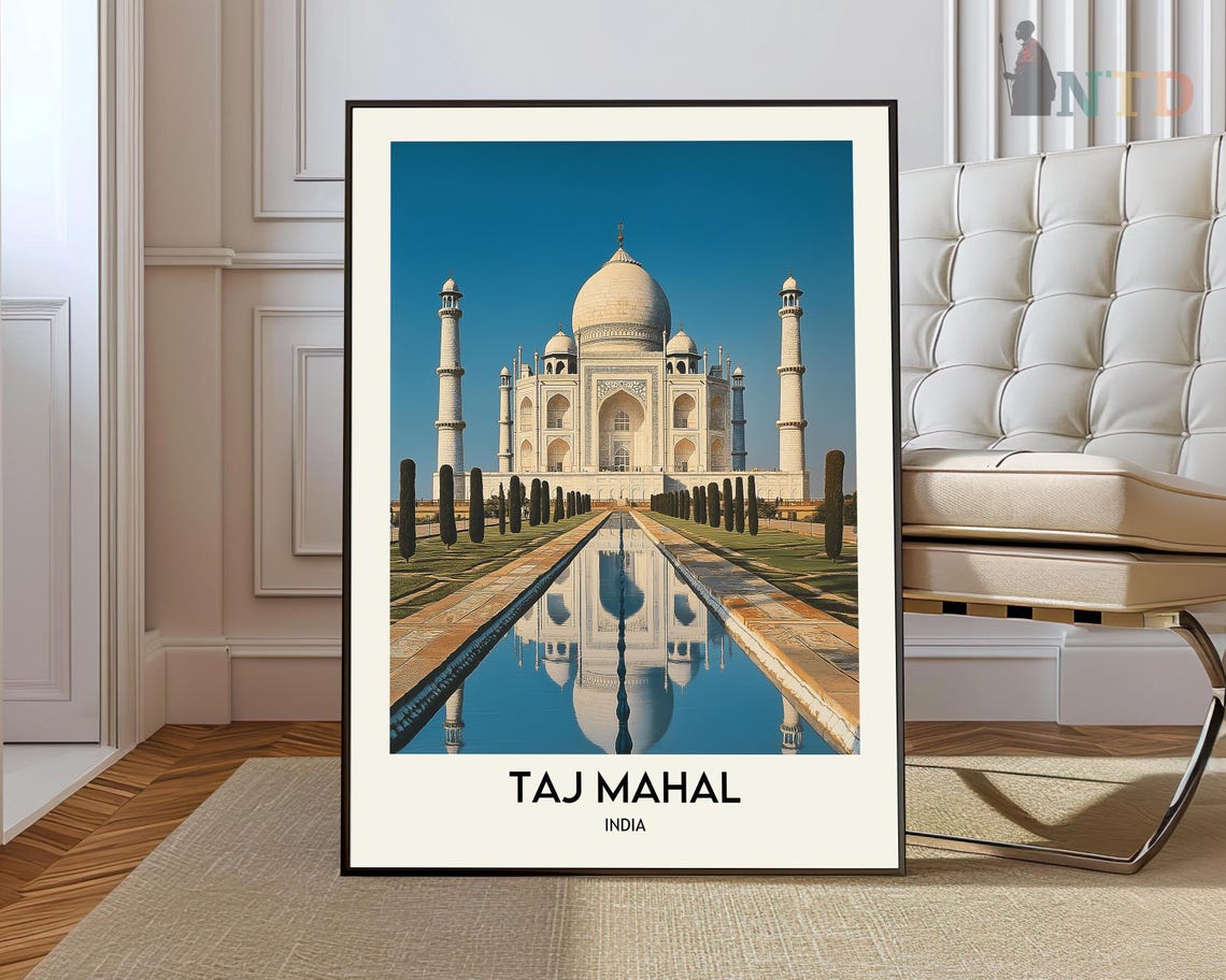 Taj Mahal Reflecting Pool Under Clear Blue Sky Travel Poster