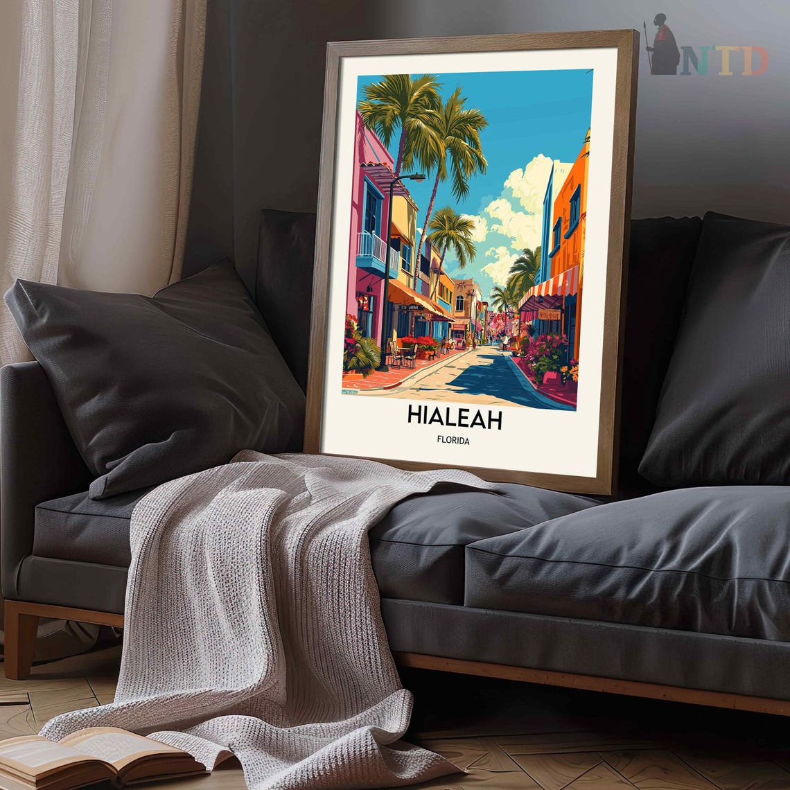 Hialeah Florida Colorful Palm Lined Street Storefronts Poster - Image 3