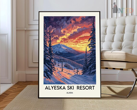 Alyeska Ski Resort Alaska Fiery Sunset Slopes Retro Travel Poster