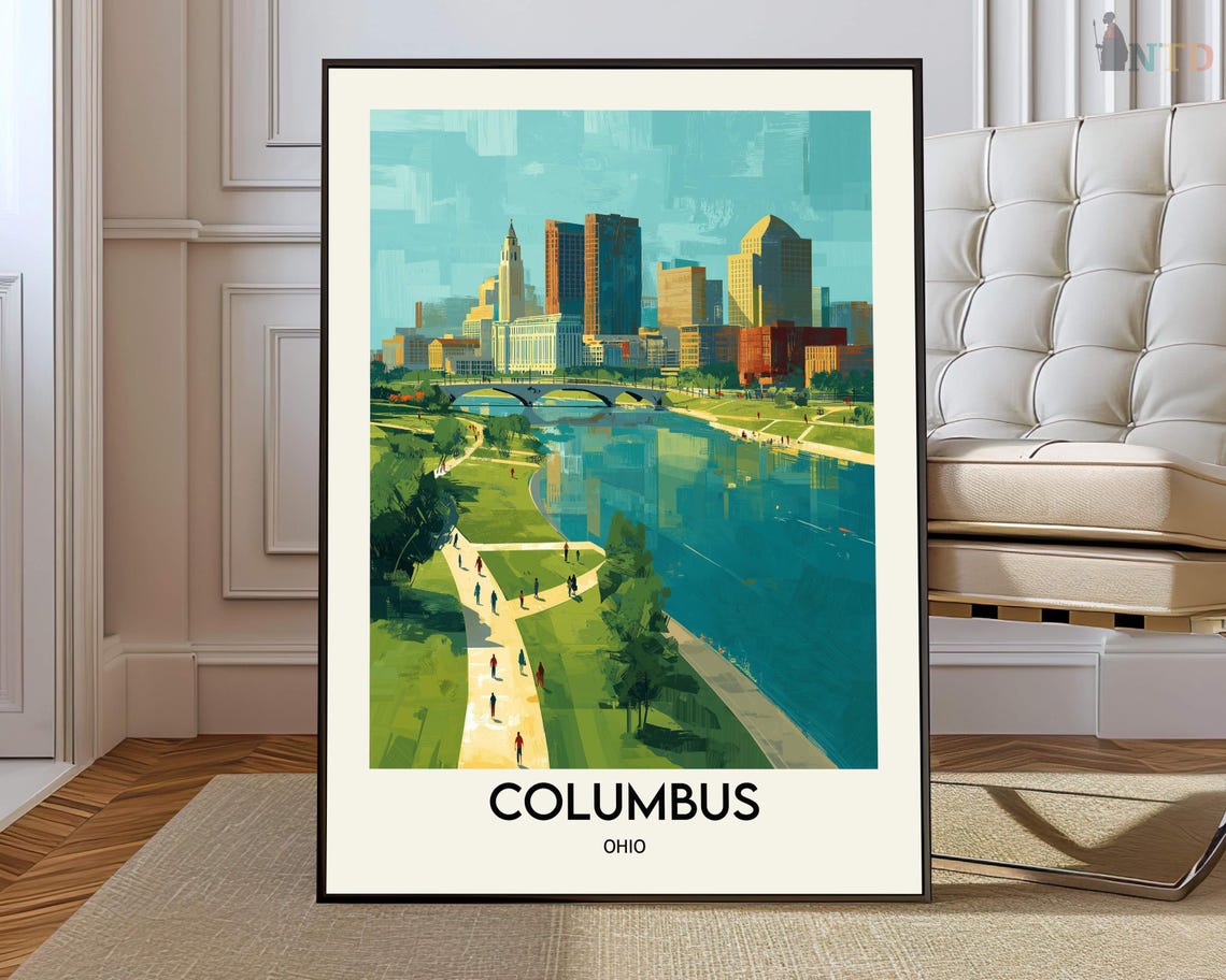 Columbus Ohio Skyline Over River Park Path Green Walkway Poster