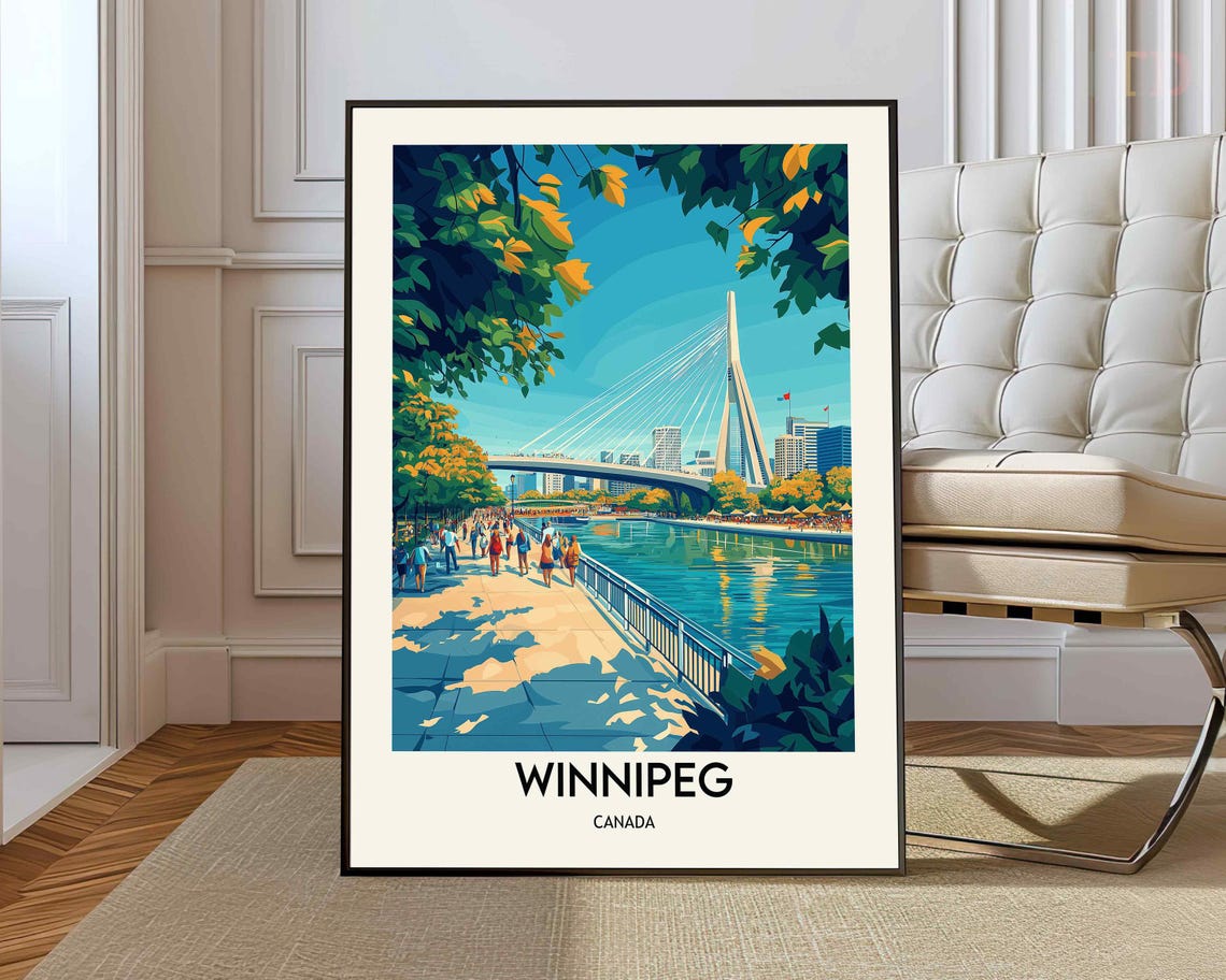 Winnipeg Canada Cable Stayed Bridge Travel Poster Riverfront Artwork