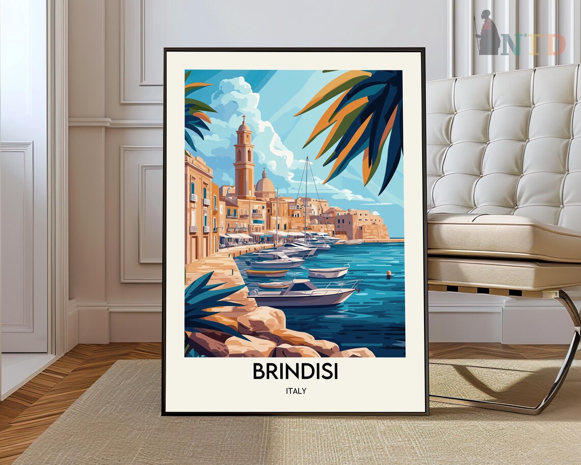 Brindisi Italy Old Port Boats Palm Trees Sunset Travel Poster
