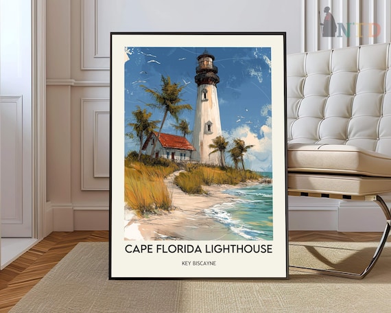 Cape Florida Lighthouse Key Biscayne Travel Illustration Poster