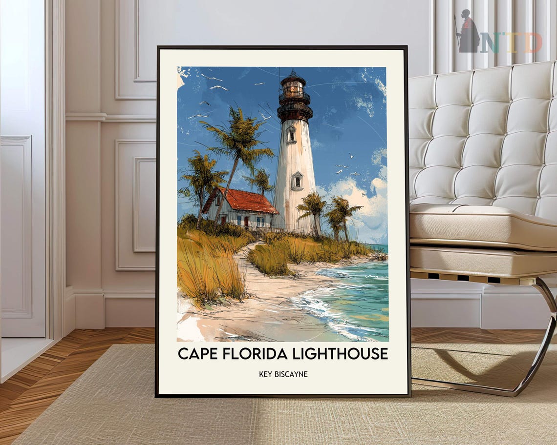 Cape Florida Lighthouse Key Biscayne Travel Illustration Poster