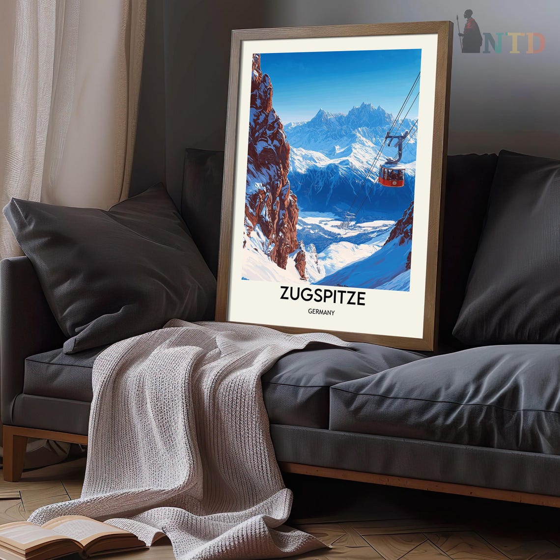 Zugspitze Germany Snowy Peak Red Cable Car Vintage Ski Travel Poster - Image 3