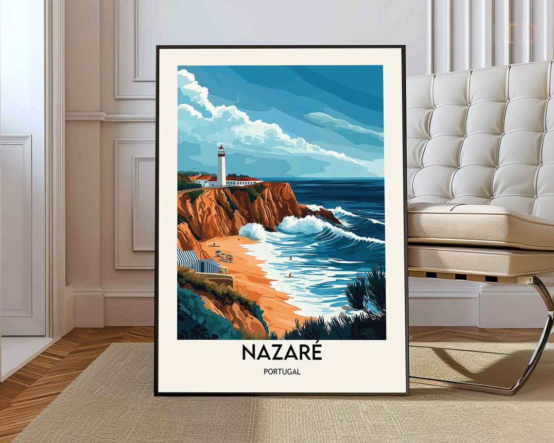 Nazare Portugal Lighthouse Red Cliffs Surf Vintage Travel Poster