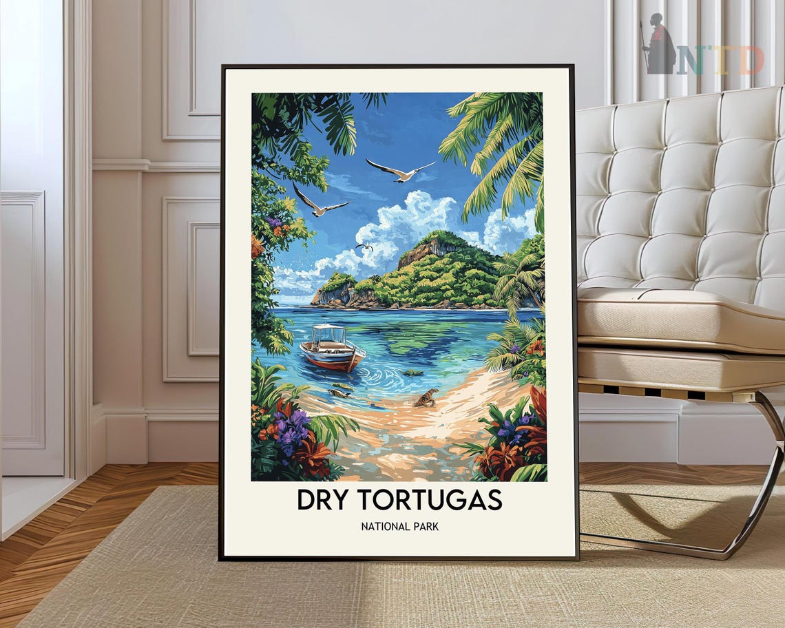 Dry Tortugas National Park Poster Tropical Beach and Boat Scene