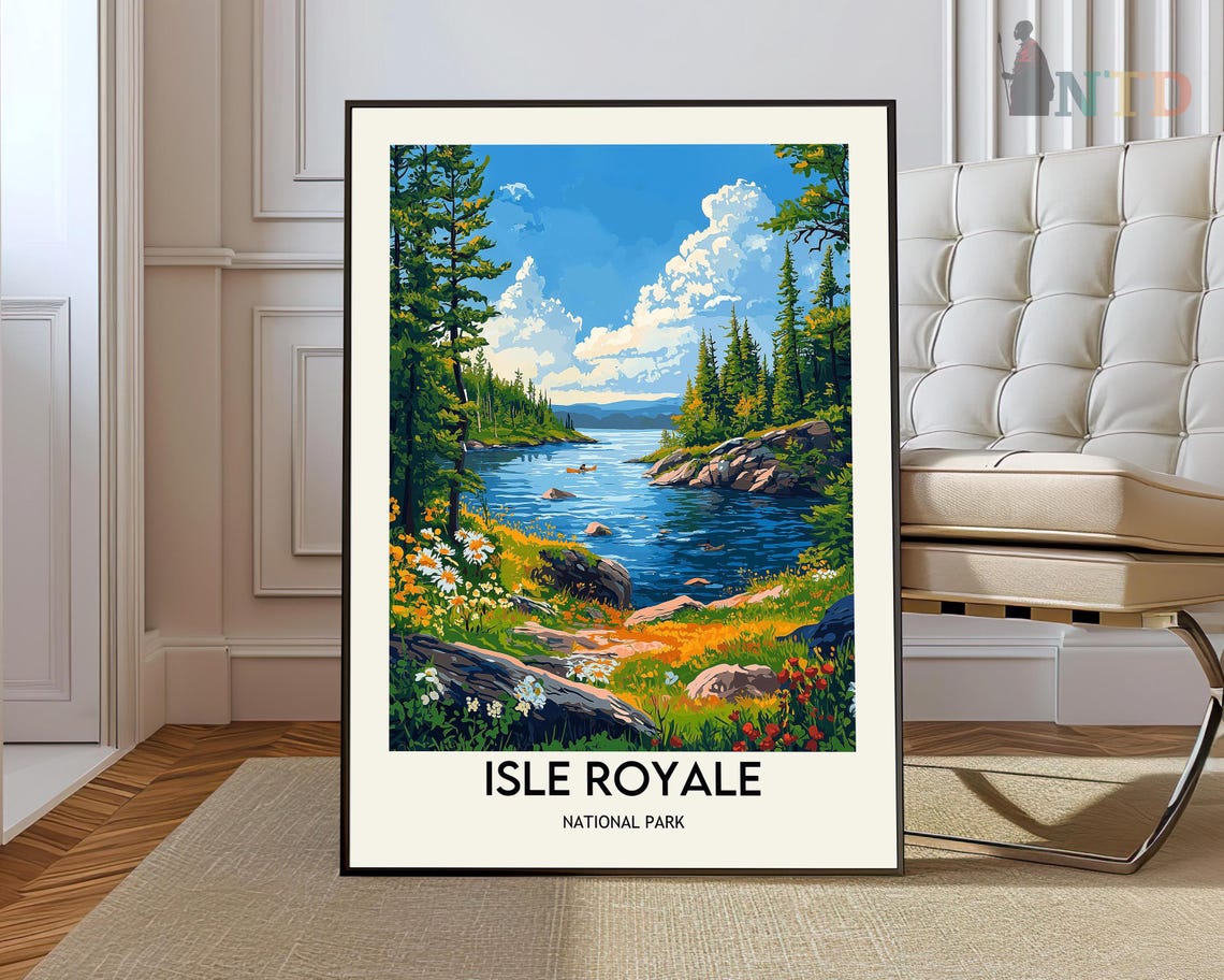 Isle Royale National Park Daytime Lake and Canoe Travel Poster