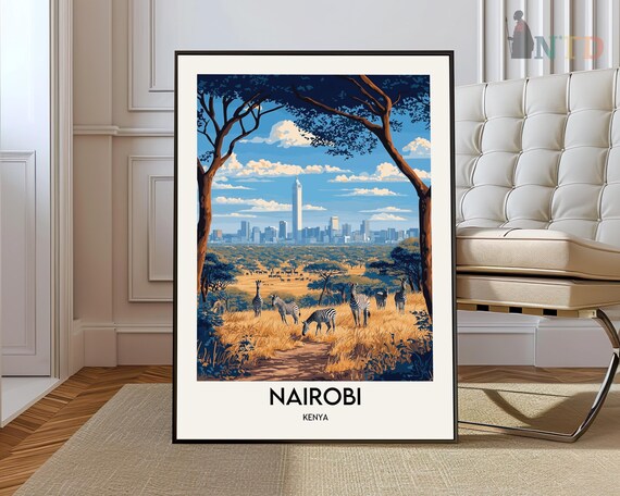 Nairobi Kenya Zebras Grazing City Skyline Savanna Travel Poster