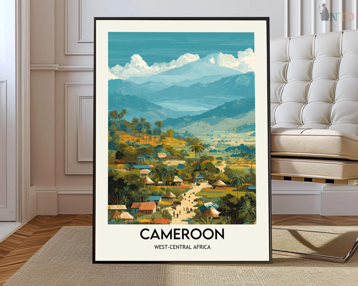 Cameroon West Central Africa Village Palms Mountain Travel Poster