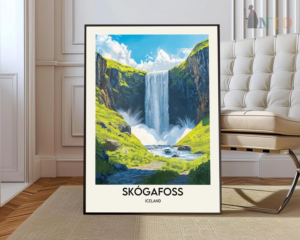 Skogafoss Iceland Waterfall Mossy Canyon Vintage Travel Poster