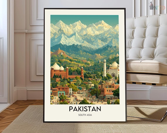 Pakistan South Asia Snowy Himalayan Peaks Mosques Travel Poster Art