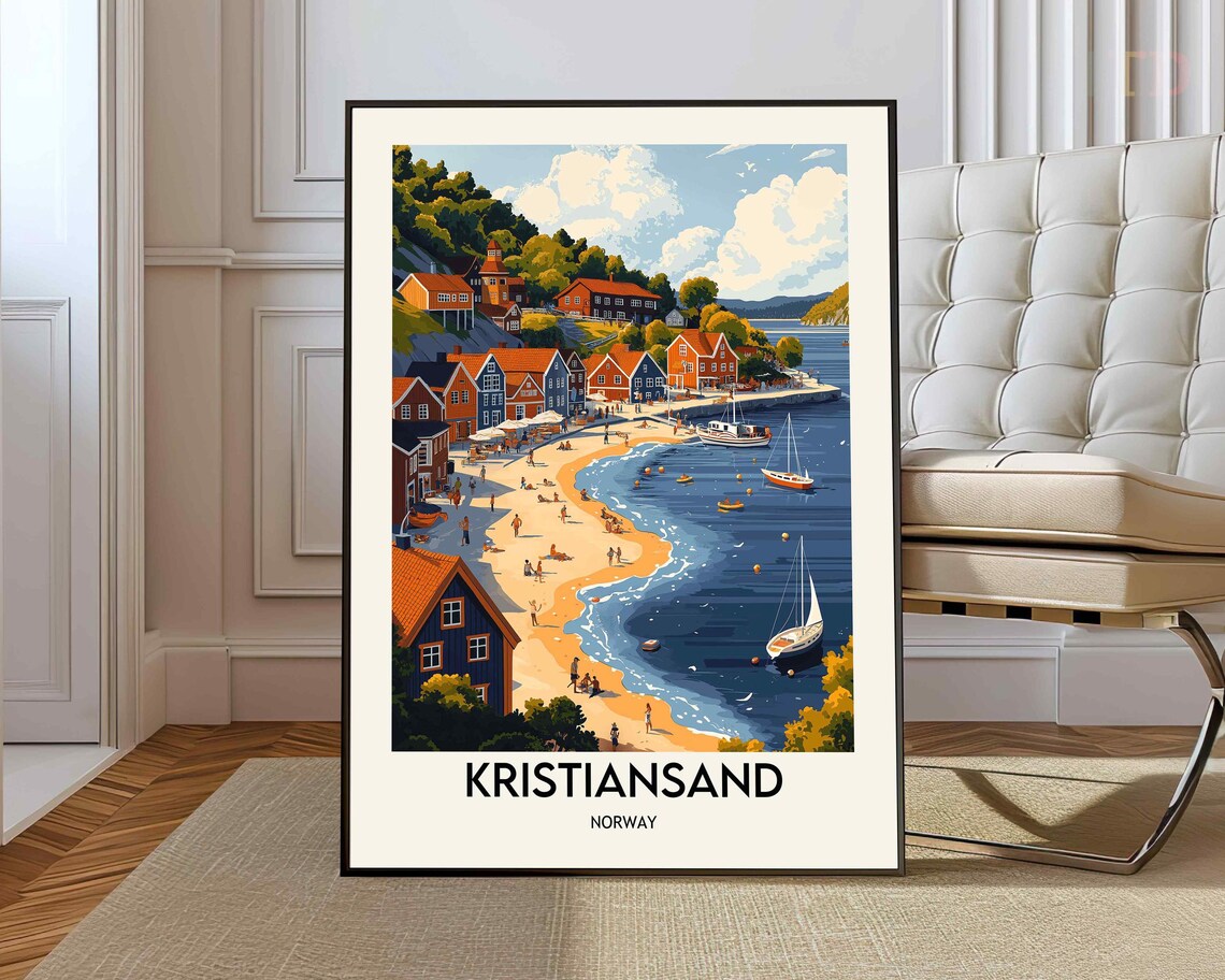 Kristiansand Norway Sunny Coastal Town Retro Style Travel Poster