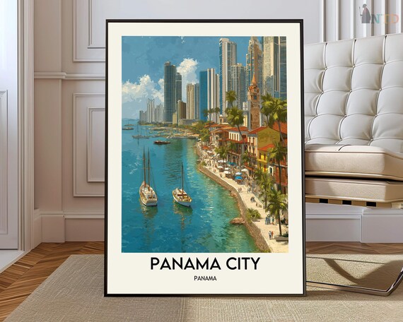 Panama City Panama Harbor Skyline Travel Illustration Poster