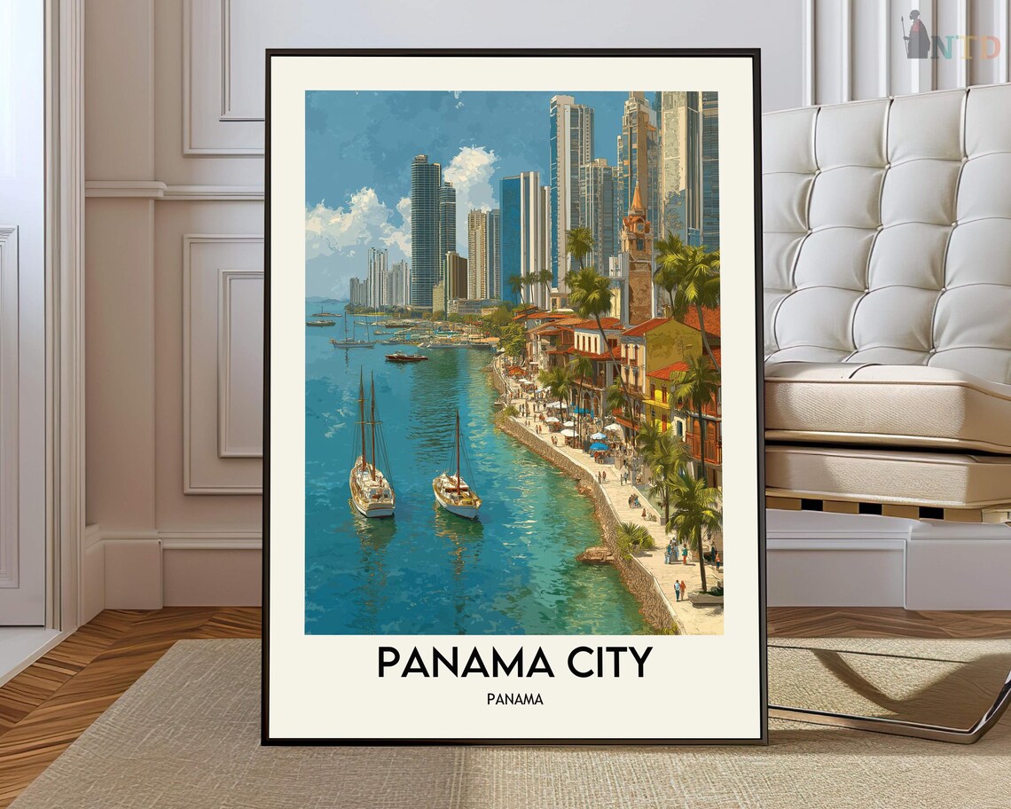 Panama City Panama Harbor Skyline Travel Illustration Poster