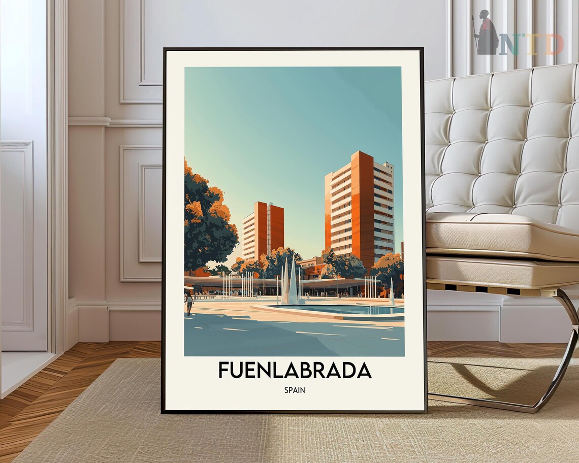 Fuenlabrada Spain Modern Plaza Fountains Towers Retro Travel Poster