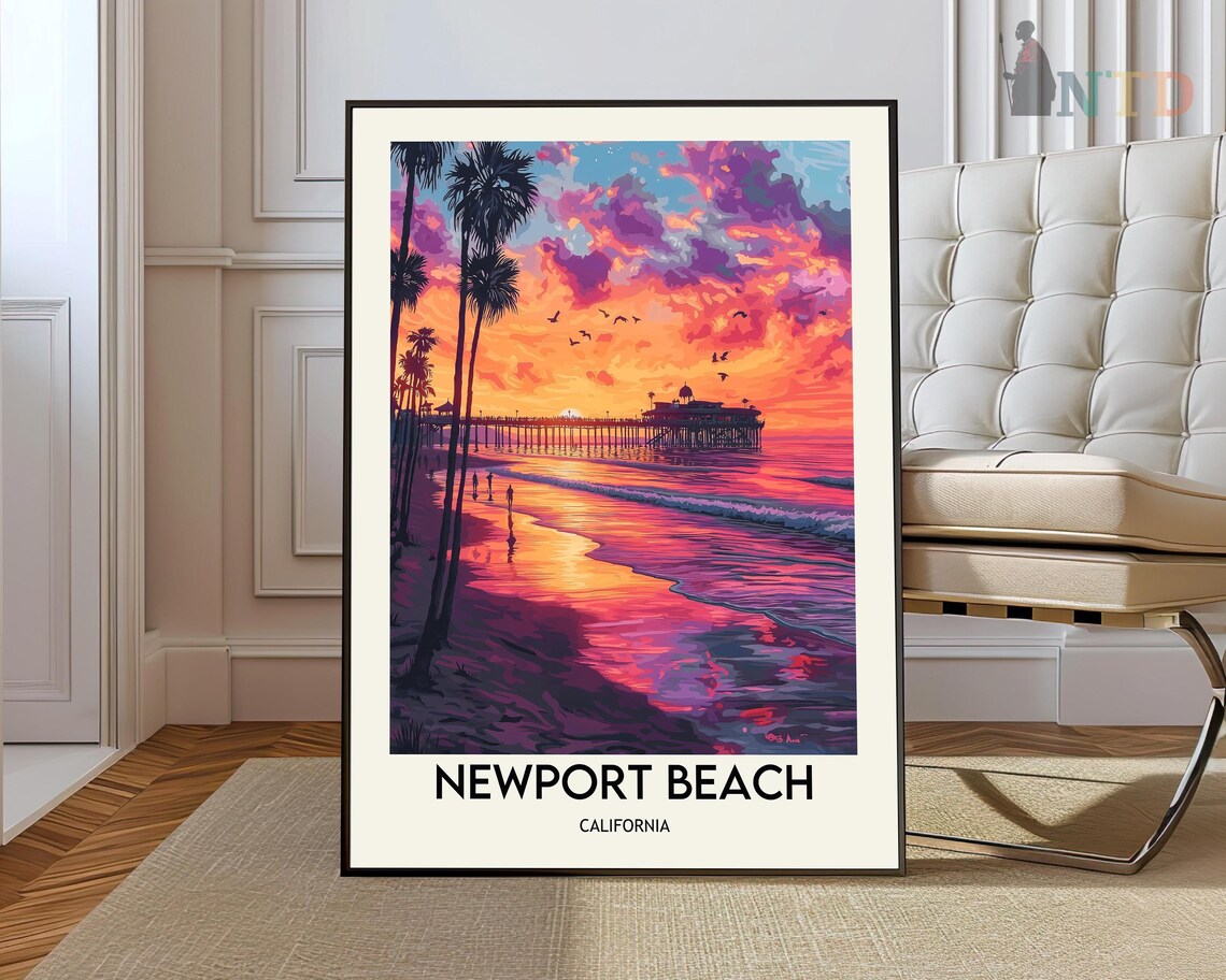 Newport Beach California Sunset Pier Palm Retro Travel Poster