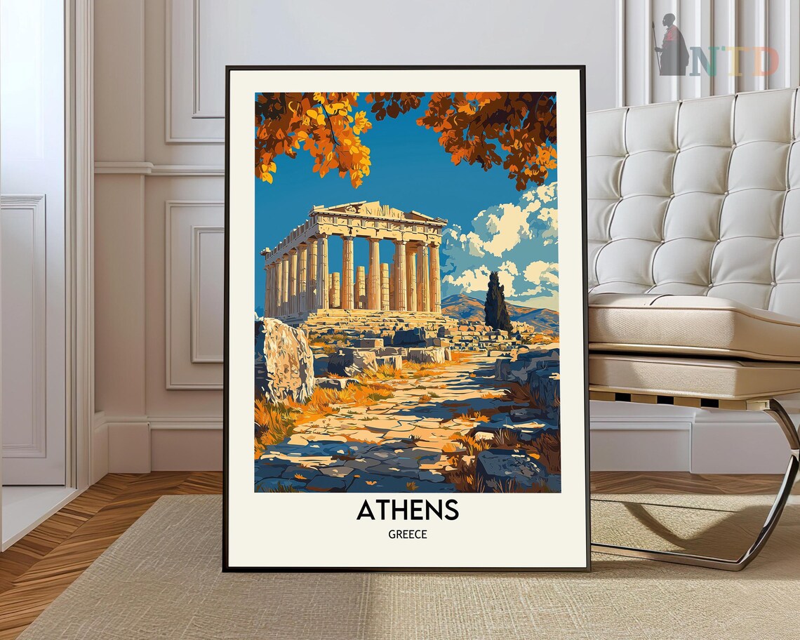 Athens Parthenon Framed by Golden Autumn Leaves Travel Poster