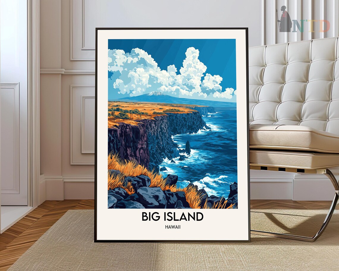 Big Island Hawaii Volcanic Cliffs Ocean Vista Vintage Travel Poster