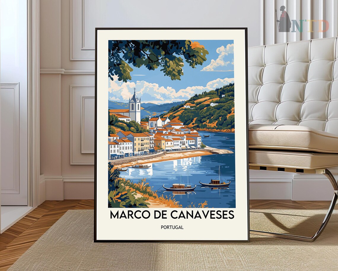 Marco de Canaveses Portugal Riverside Town Church Boats Travel Poster