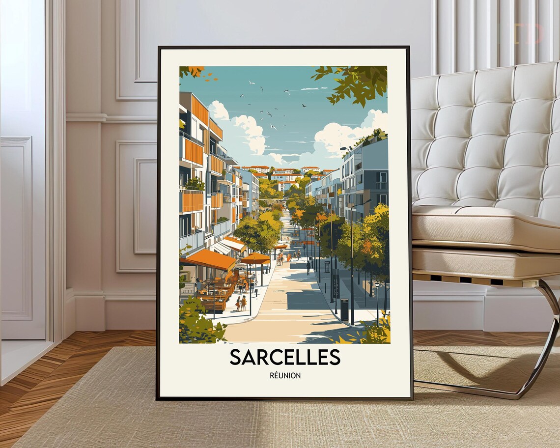 Sarcelles Reunion Island Sunlit City Street Cafe Terrace Travel Poster