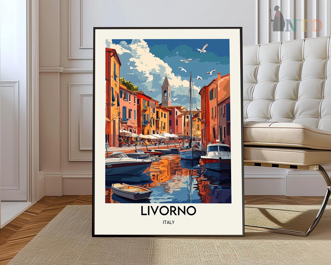 Livorno Italy Tuscany Canal Boats Harbor Vintage Travel Poster
