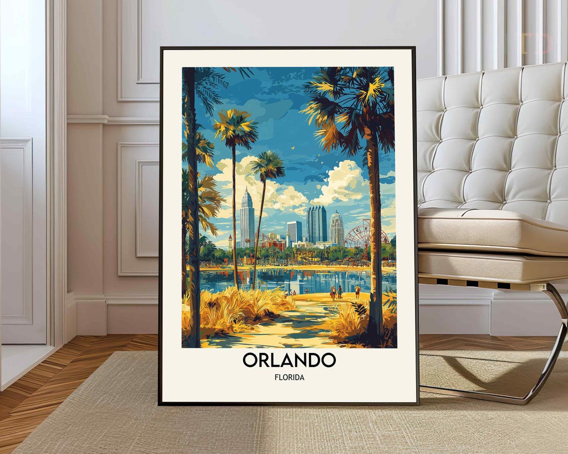 Orlando Florida Palms Skyline Ferris Wheel Lake Sunset Travel Poster