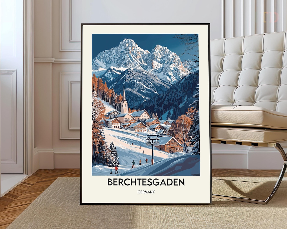 Berchtesgaden Ski Resort Travel Poster, Bavarian Alps