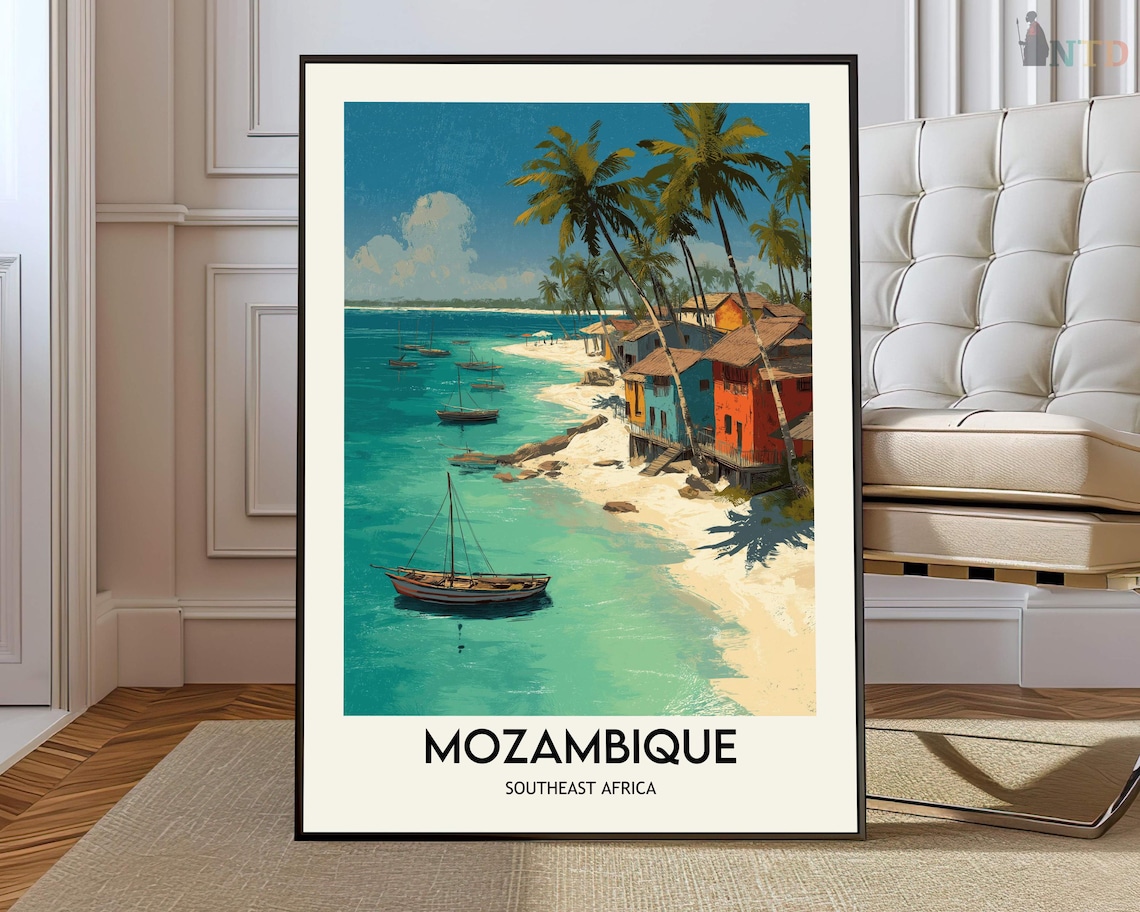 Mozambique Beach Dhow Boats Tropical Illustrated Travel Poster