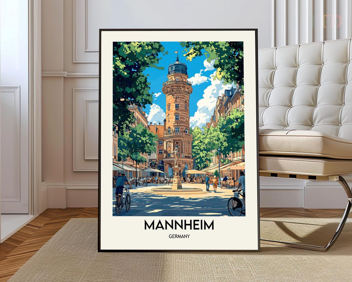 Mannheim Germany Travel Poster Water Tower Square and Fountain