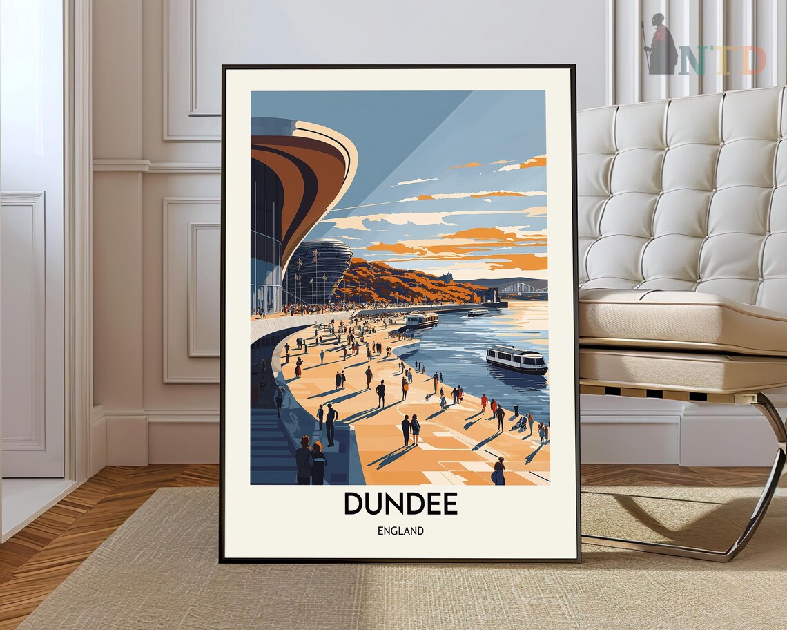 Dundee England Riverside Promenade at Sunset Vintage Travel Poster