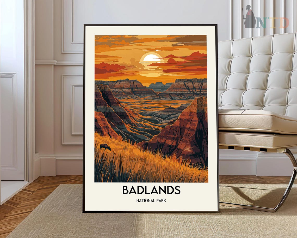 Badlands National Park Dramatic Glowing Sunset Vintage Travel Poster