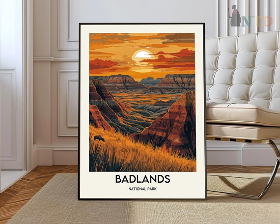 Badlands National Park Dramatic Glowing Sunset Vintage Travel Poster