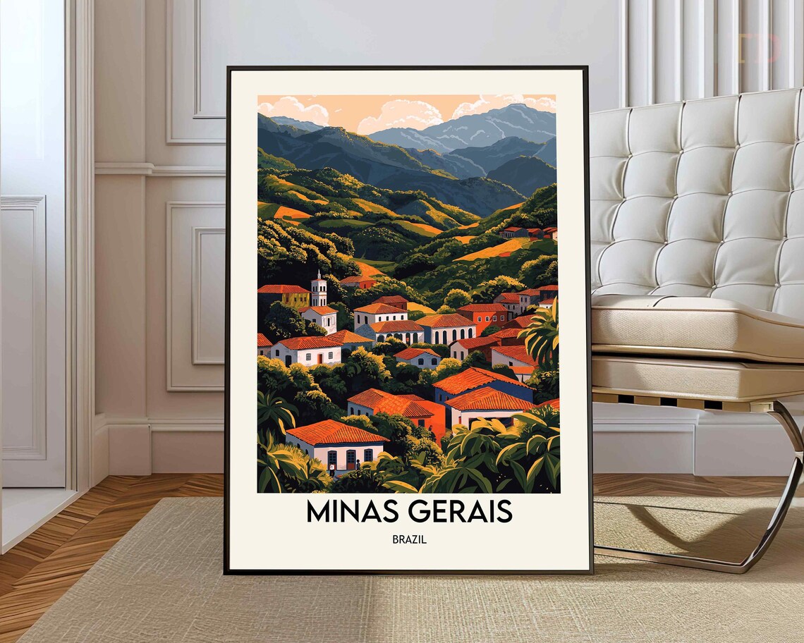 Minas Gerais Brazil Colonial Town Mountains Retro Travel Poster